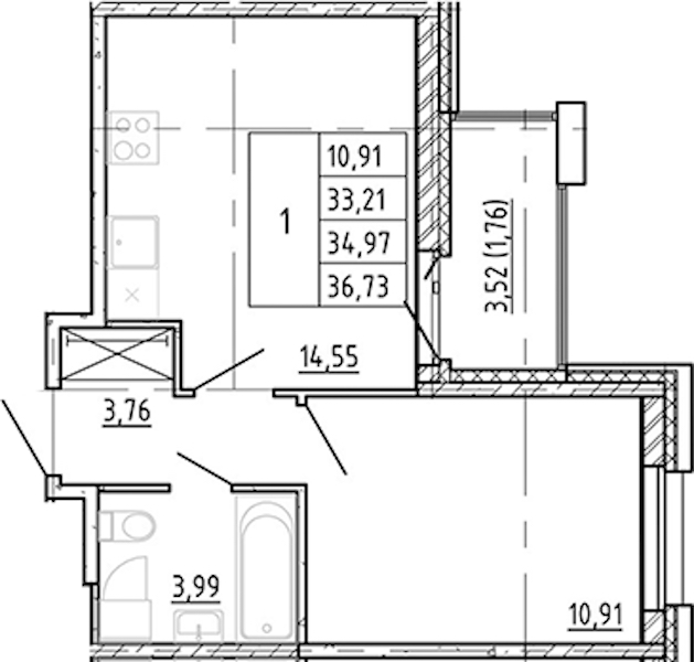 1-комнатная квартира 33.21 м², 6/12 эт., ЖК «Полис Новоселье»